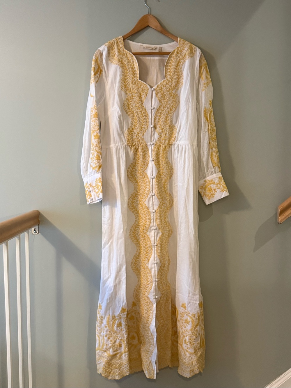 Soft Surroundings White Yellow Embroidered Maxi Caftan Dress Size 10 Boho EUC